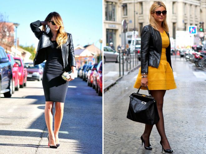 платье и черная кожаная куртка платье и черная кожаная куртка