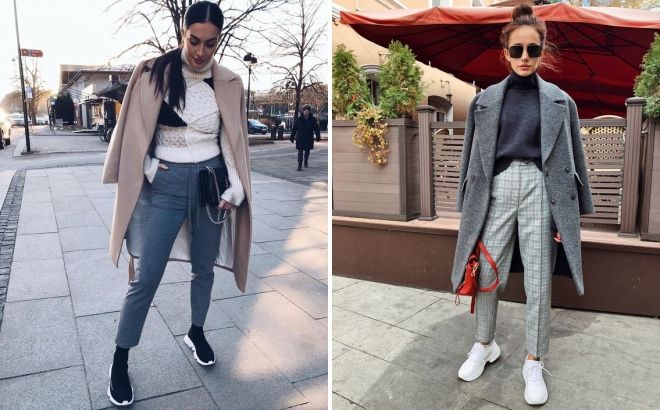 модный лук женское пальто с кроссовками модный лук женское пальто с кроссовками