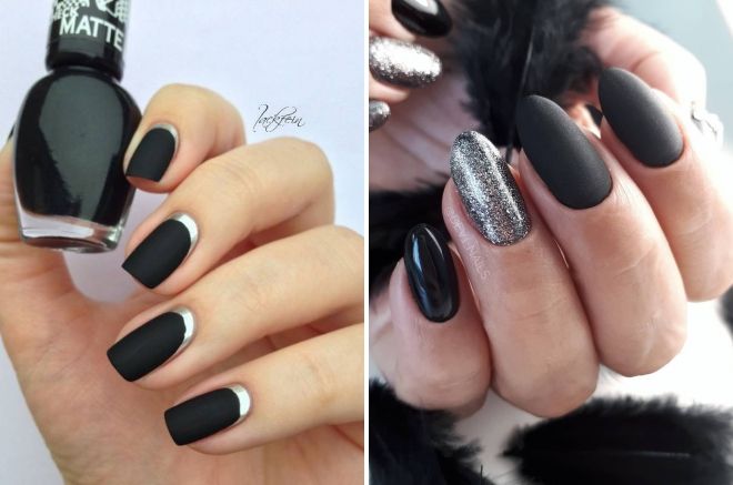 черный матовый маникюр с серебром черный матовый маникюр с серебром