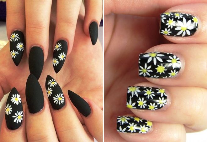 маникюр с ромашками на черном маникюр с ромашками на черном