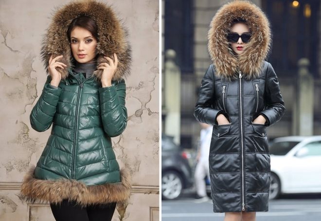 кожаный пуховик с мехом енота кожаный пуховик с мехом енота