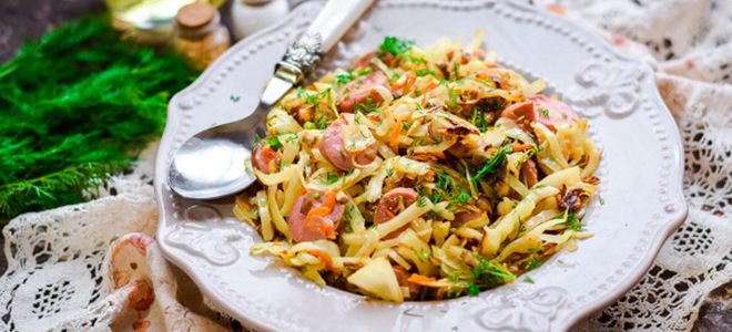капуста тушеная с грибами и сосисками капуста тушеная с грибами и сосисками