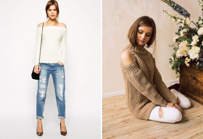 кофта с открытыми плечами с джинсами кофта с открытыми плечами с джинсами