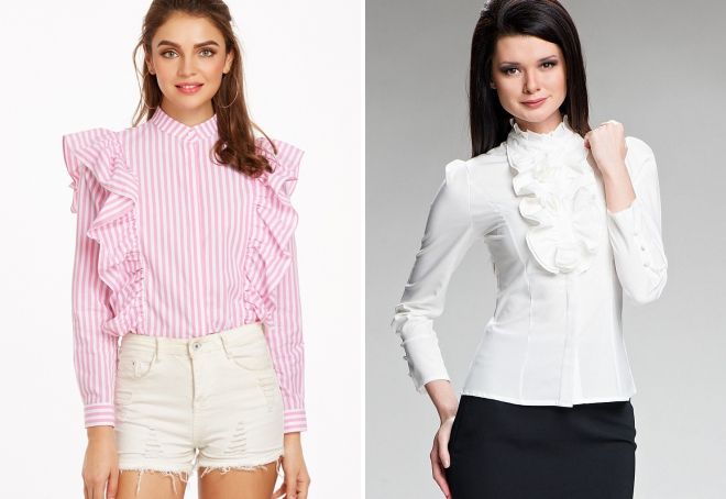 женская рубашка с длинным рукавом и рюшами женская рубашка с длинным рукавом и рюшами