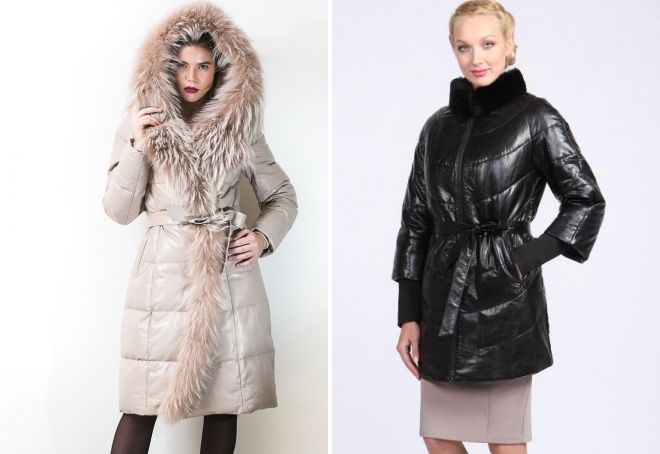 женский кожаный пуховик с поясом женский кожаный пуховик с поясом