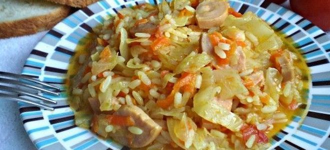 капуста тушеная с рисом и сосисками капуста тушеная с рисом и сосисками
